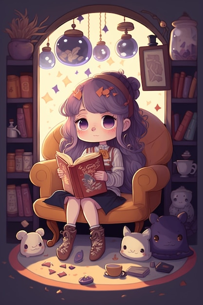 anime girl sitting in a chair reading a book with cats generative ai