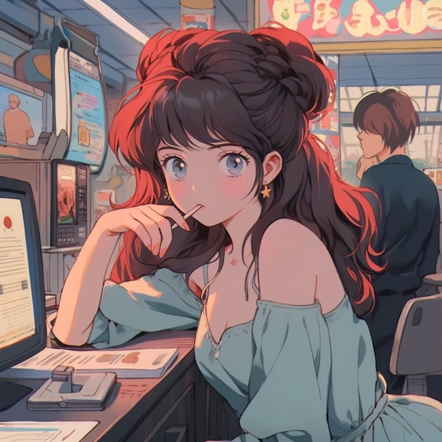 Anime girl sitting at a desk with a computer and a man standing behind her generative ai