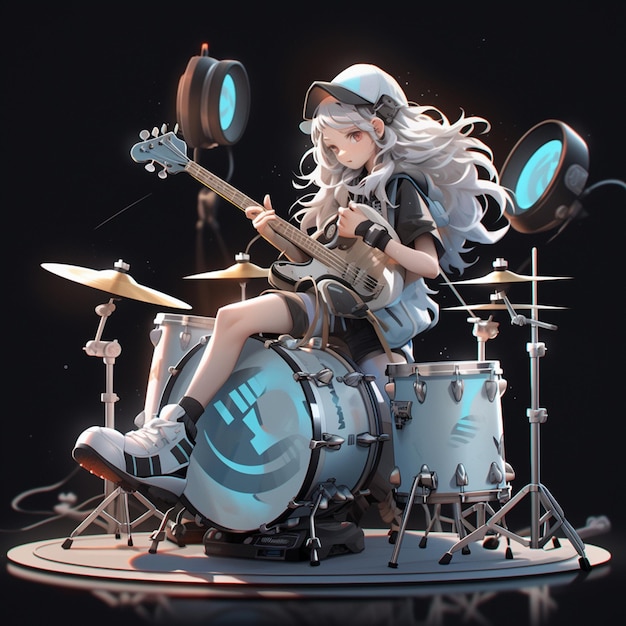 Photo anime girl sitting on a drum kit with a guitar generative ai