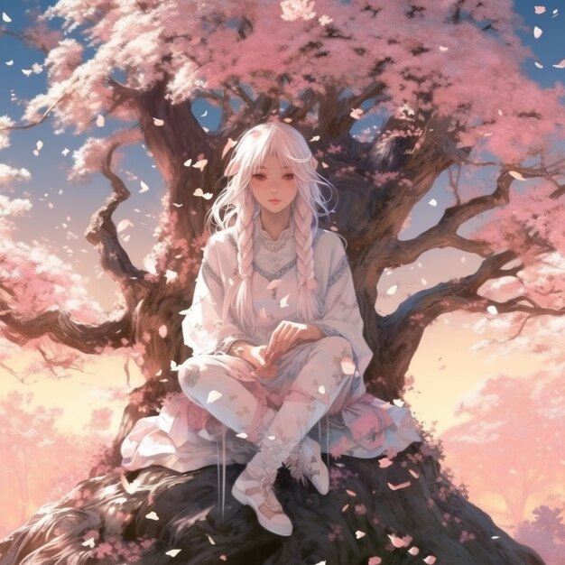 anime girl sitting on a rock under a tree with pink flowers generative ai