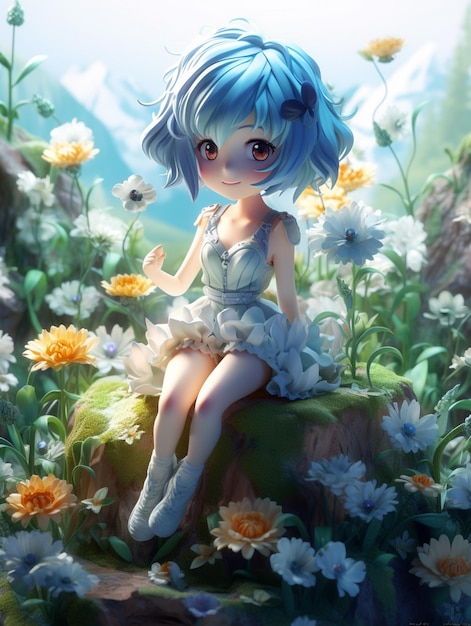 Anime girl sitting on a rock with flowers in the background