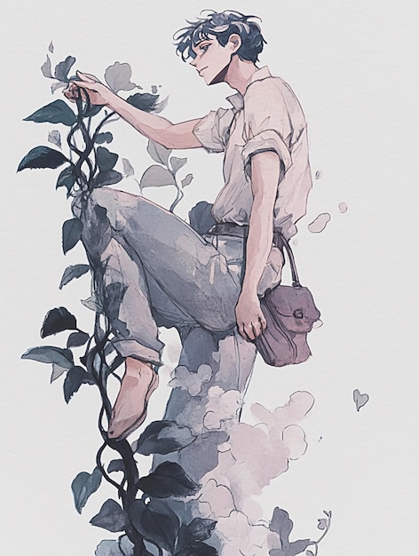 Anime girl sitting on a vine with a purse and a flower