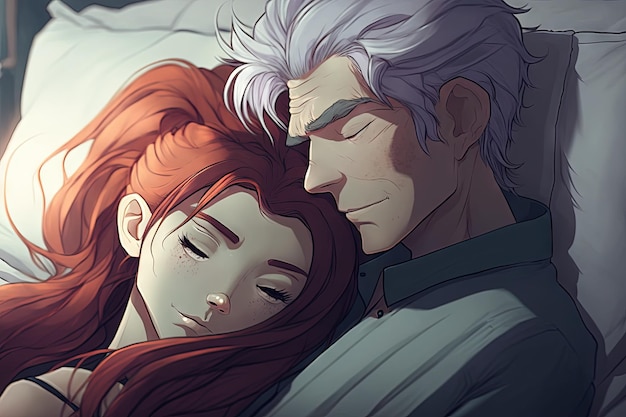 Anime girl sleeping with a man in bed manga style illustration generative ai