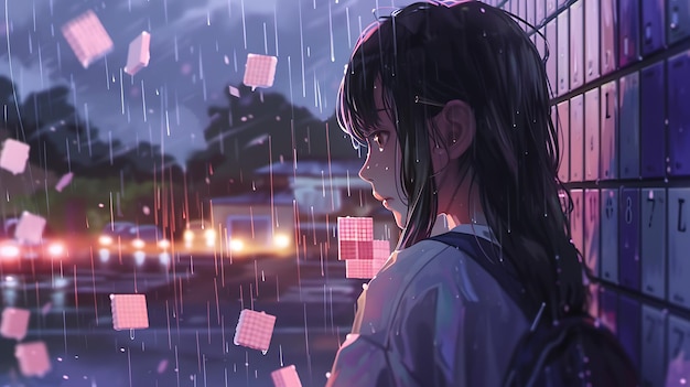 Photo anime girl standing in the rain looking away from the camera