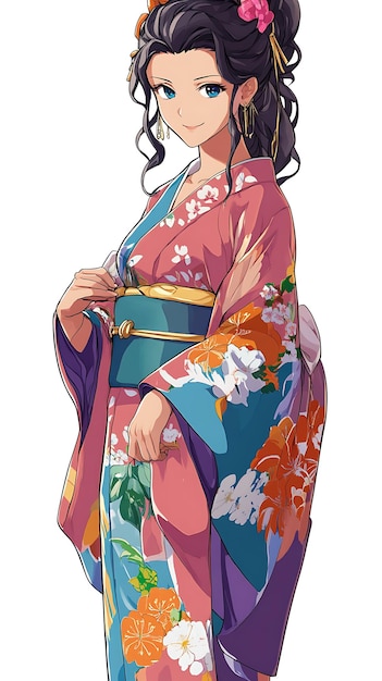 Anime Girl in Traditional Japanese Kimono with Floral Pattern