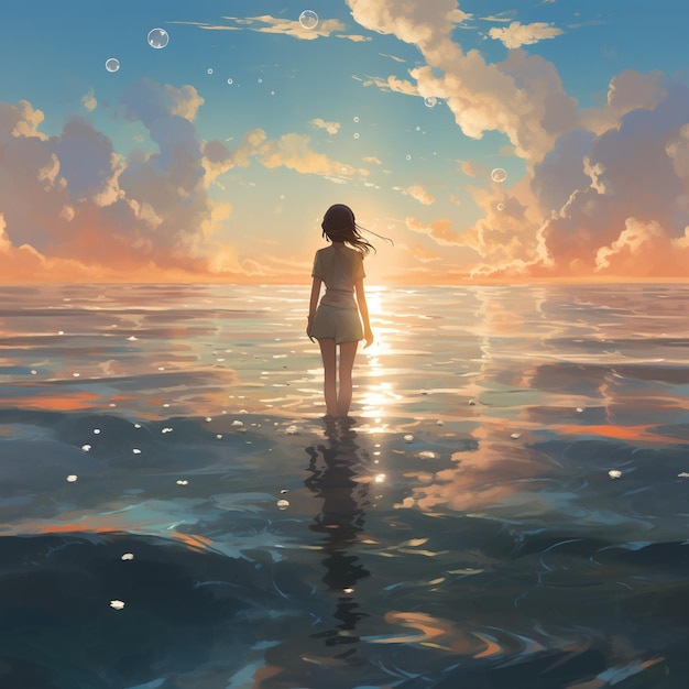 anime girl walking on water ripples dawn background saturn in the background