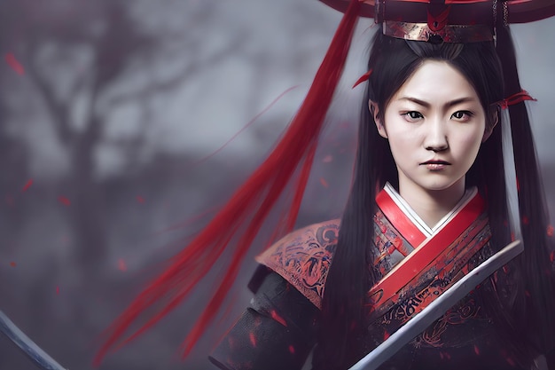 Anime Girl Warrior. Japanese warrior girl. 3d rendering. Raster illustration.