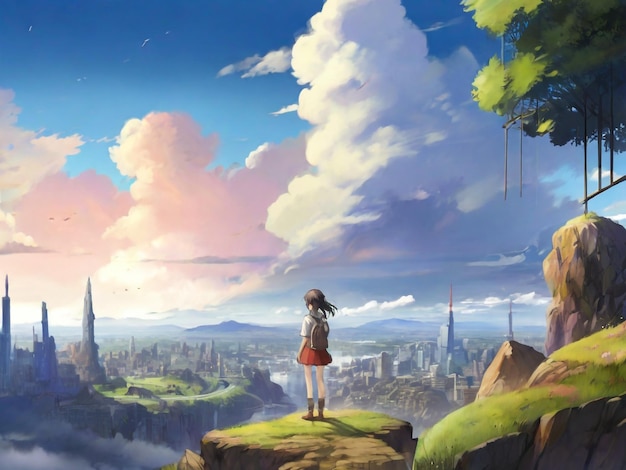 anime girl watching the beautiful city digital art painting anime art Graphics backgrounds anime characters anime wallpapers cartoon girl fantasy