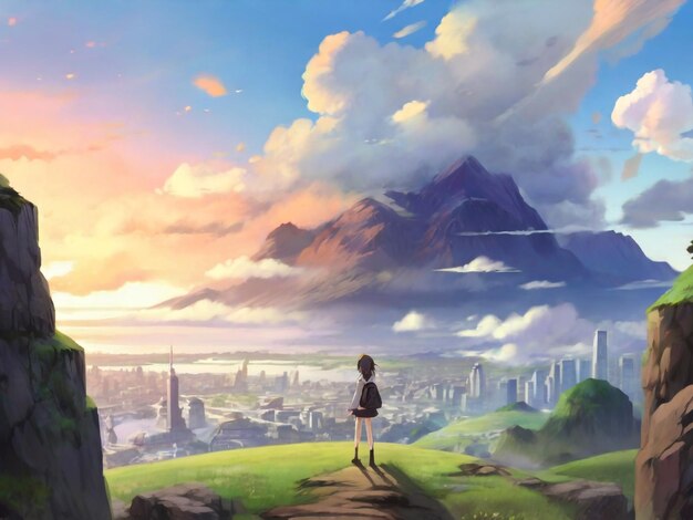 anime girl watching the beautiful city digital art painting anime art Graphics backgrounds anime characters anime wallpapers cartoon girl fantasy