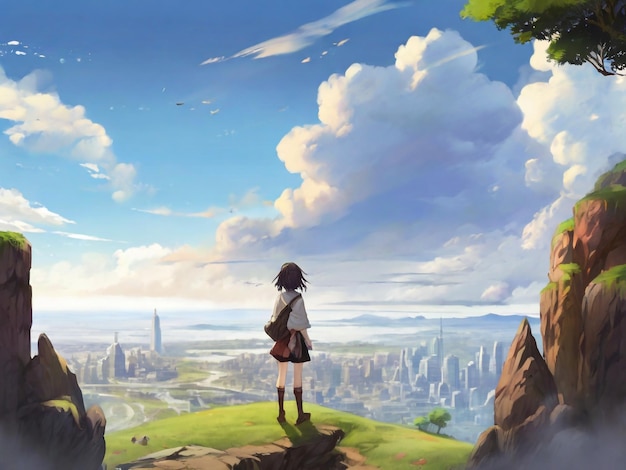 anime girl watching the beautiful city digital art painting anime art Graphics backgrounds anime characters anime wallpapers cartoon girl fantasy