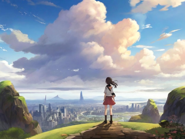 anime girl watching the beautiful city digital art painting anime art Graphics backgrounds anime characters anime wallpapers cartoon girl fantasy