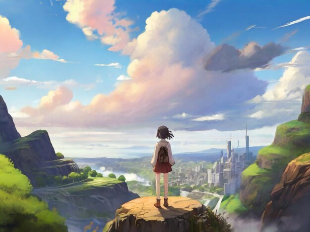 anime girl watching mountain sunrise digital art painting anime art Graphics backgrounds anime characters anime wallpapers cartoon girl fantasy