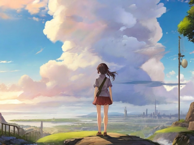 anime girl watching mountain sunrise digital art painting anime art Graphics backgrounds anime characters anime wallpapers cartoon girl fantasy