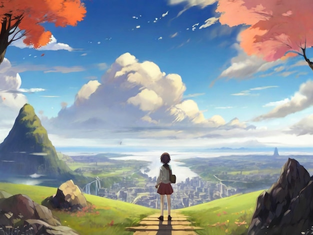 anime girl watching mountain sunrise digital art painting anime art Graphics backgrounds anime characters anime wallpapers cartoon girl fantasy