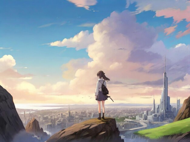 anime girl watching mountain sunrise digital art painting anime art Graphics backgrounds anime characters anime wallpapers cartoon girl fantasy