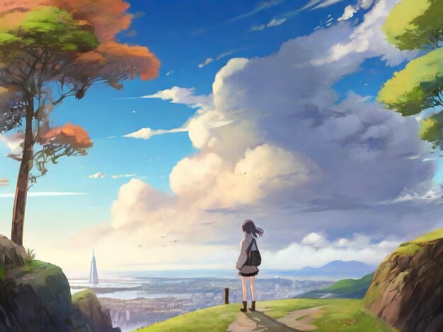 anime girl watching mountain sunrise digital art painting anime art Graphics backgrounds anime characters anime wallpapers cartoon girl fantasy