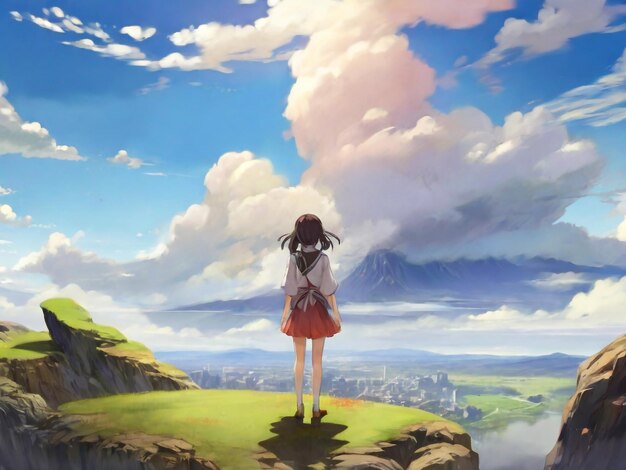 anime girl watching mountain sunrise digital art painting anime art Graphics backgrounds anime characters anime wallpapers cartoon girl fantasy