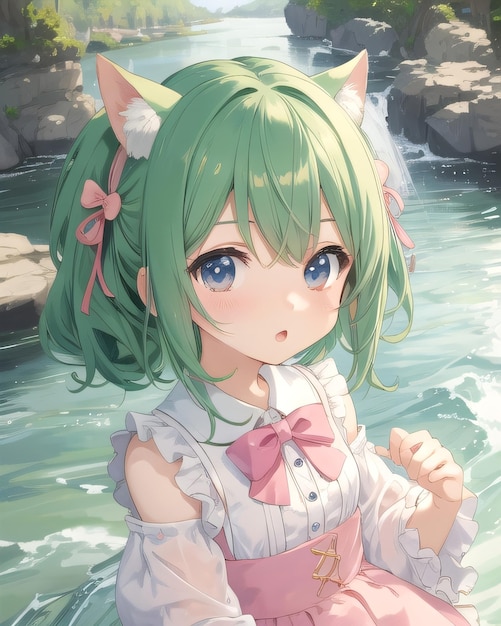 Anime girl in water with a bow