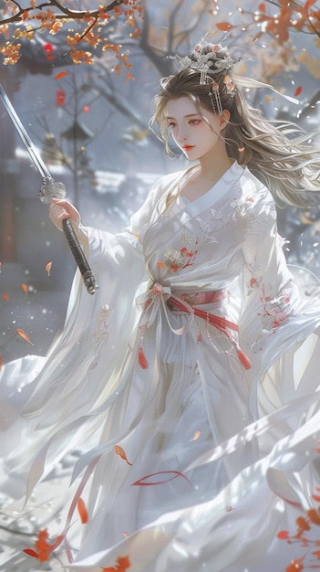 anime girl in white dress holding a sword in a snowy forest generative ai