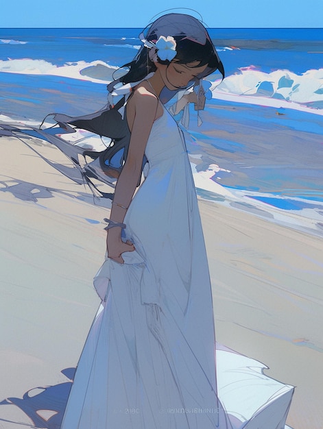 Anime girl in white dress standing on beach with umbrella generative ai