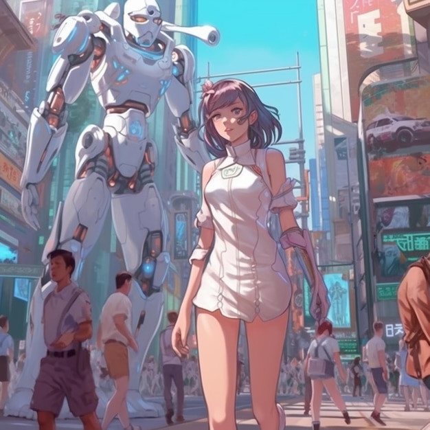 anime girl in white dress walking in front of a giant robot generative ai