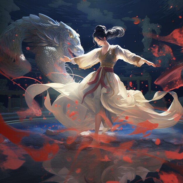 anime girl in white dress with dragon in background generative ai