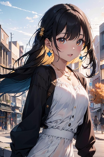 Anime girl in a white dress with flowers on her head