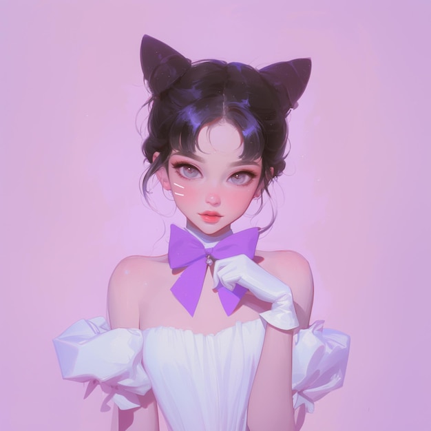 Photo anime girl in white dress with purple bow and cat ears generative ai