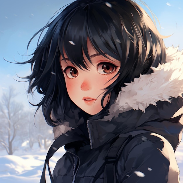 anime girl in winter coat looking at camera with snow falling generative ai