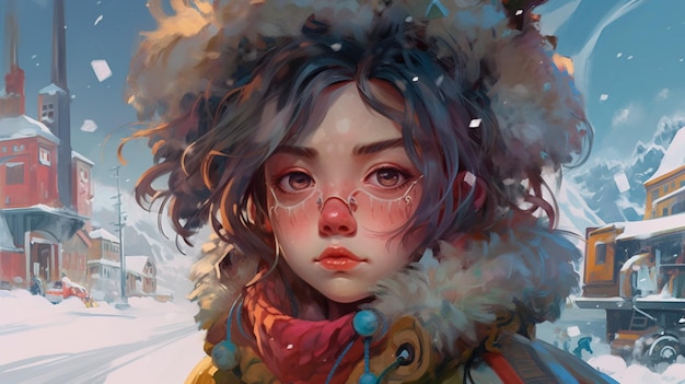 anime girl in winter coat with snow covered face and red nose generative ai