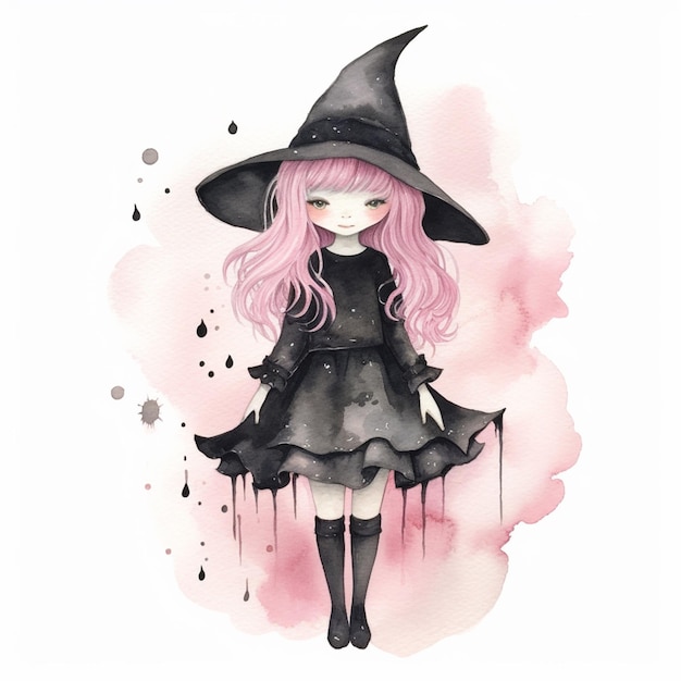 anime girl in a witch costume with a black hat and pink hair generative ai