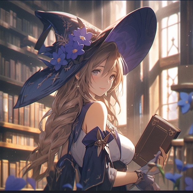 Anime girl in a witch hat holding a book in a library generative ai