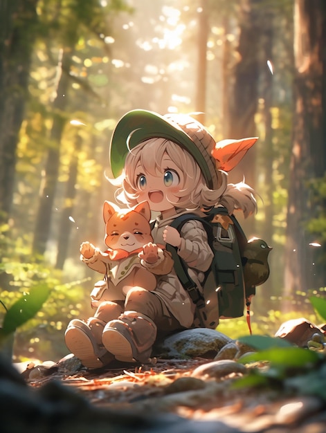 Anime girl with backpack and cat in forest with sunbeams generative ai