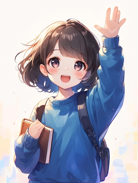 anime girl with backpack waving and holding a book generative ai