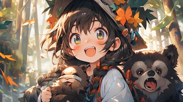 anime girl with a bear and a hat on in the woods generative ai