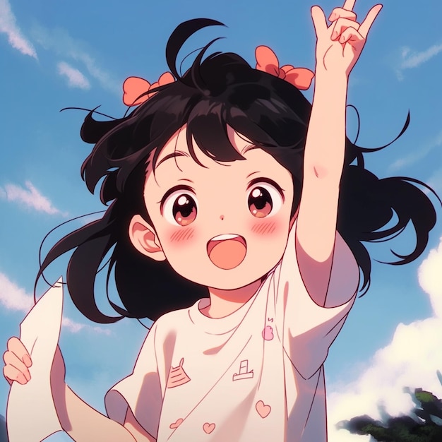 anime girl with black hair and pink bow pointing up generative ai