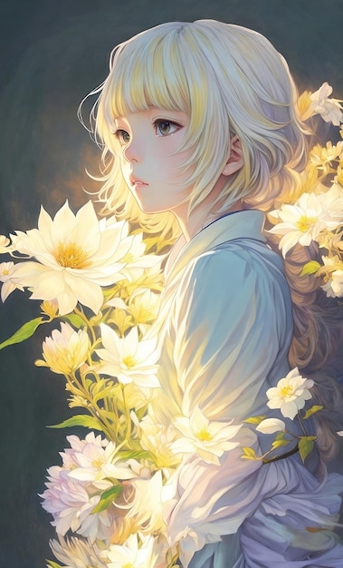 anime girl with blonde bangs wearing a white dress and white flowers all around