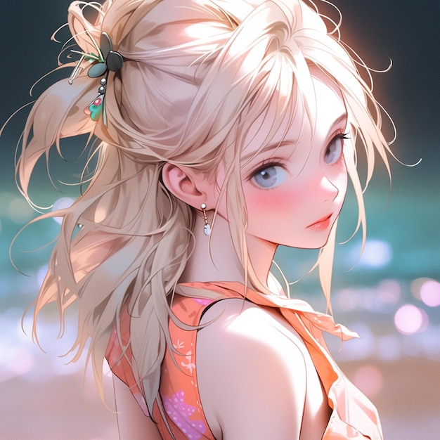 Anime girl with blonde hair and blue eyes on the beach generative ai