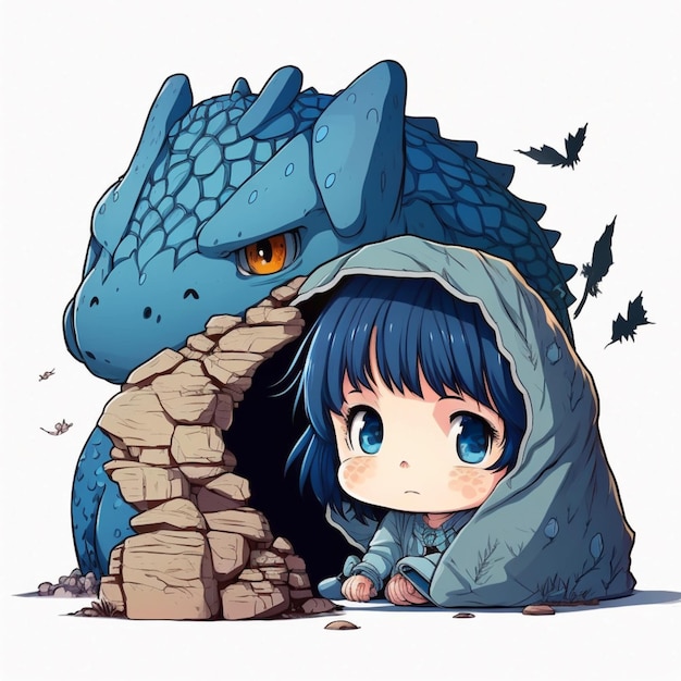 Anime girl with blue hair and blue eyes sitting in a cave generative ai