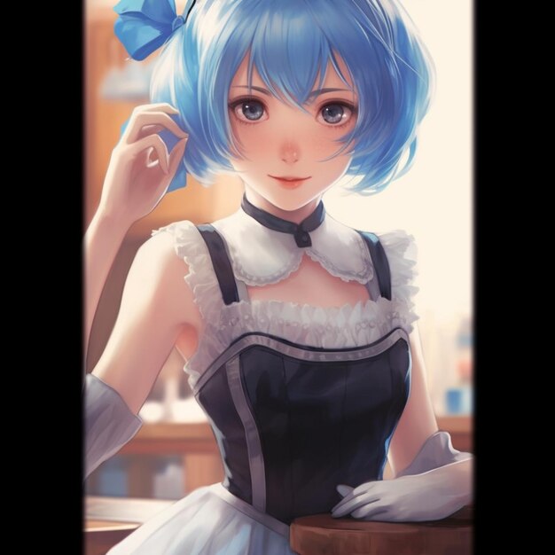 anime girl with blue hair and a bow in a dress generative ai