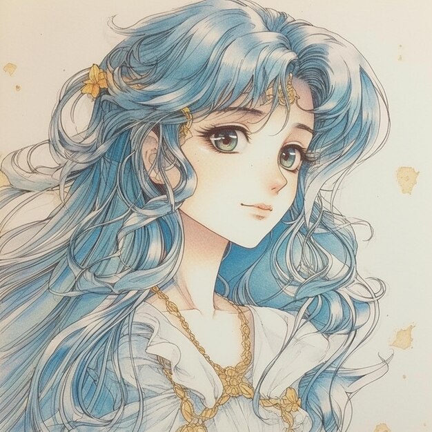 Anime girl with blue hair and gold jewelry in a white dress generative ai