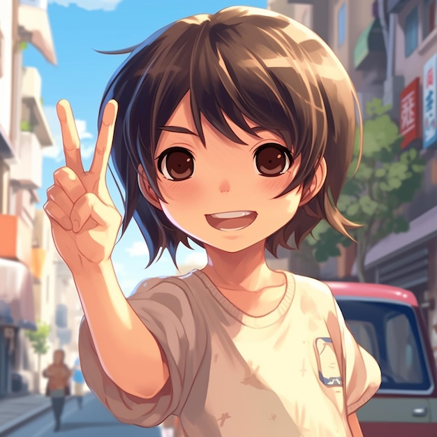 anime girl with brown hair and brown eyes pointing up generative ai