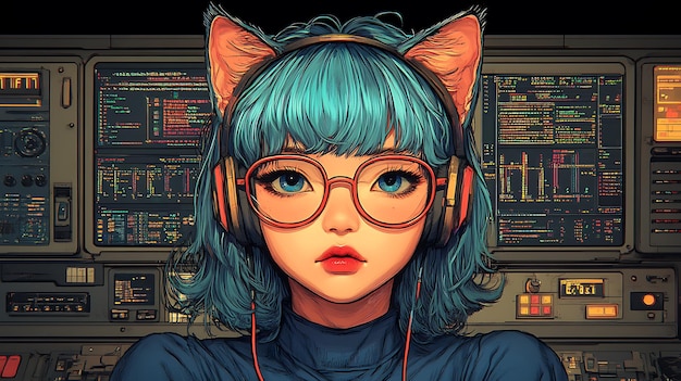 Photo anime girl with cat ears in a futuristic tech environment