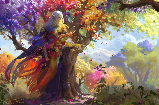 anime girl with colorful dress standing under a tree in a forest generative ai