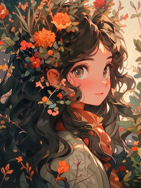 anime girl with flowers in her hair and scarf generative ai