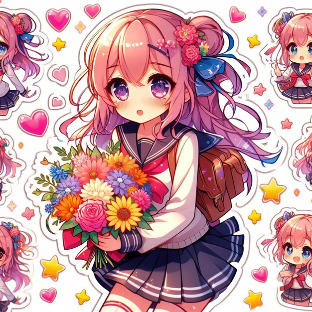 anime girl with flowers sticker generated by artificial intelligence