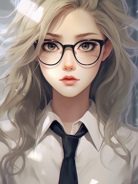 Anime girl with glasses and a tie looking at the camera generative ai