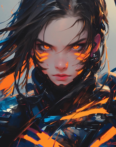 anime girl with glowing eyes and black hair in a futuristic setting generative ai