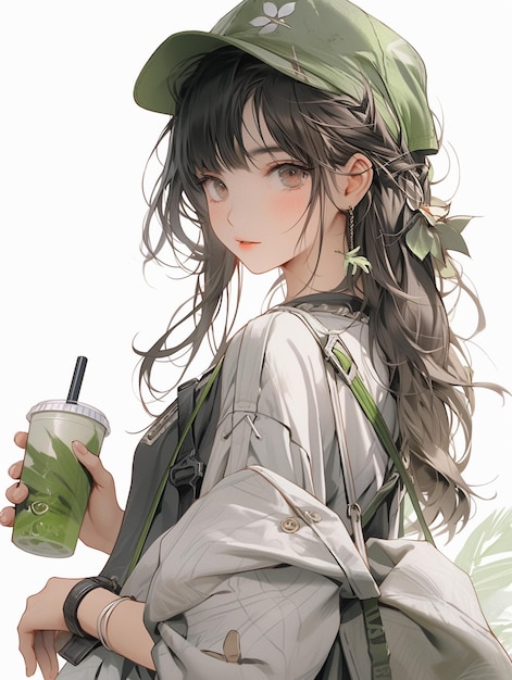 Anime girl with a green drink and a backpack generative ai