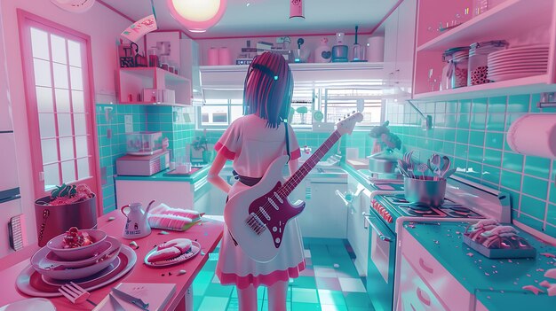 Photo anime girl with guitar in a pink and teal kitchen